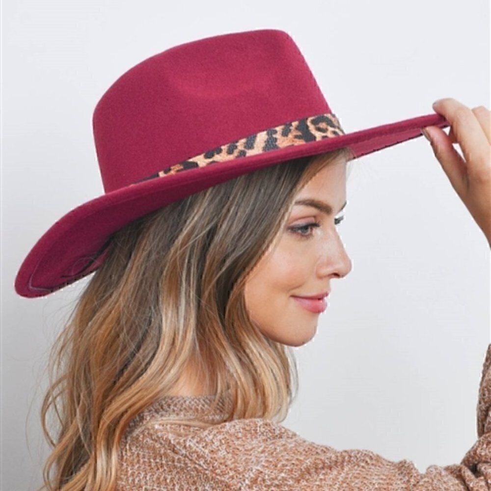 Burgundy hat with leopard print strap